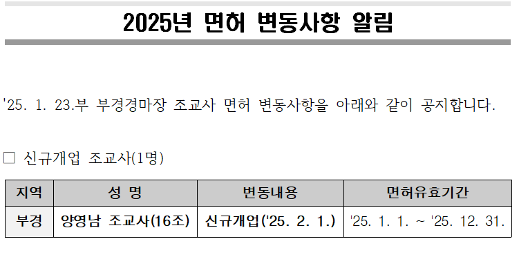 "2025년 면허변동 사항 알림"