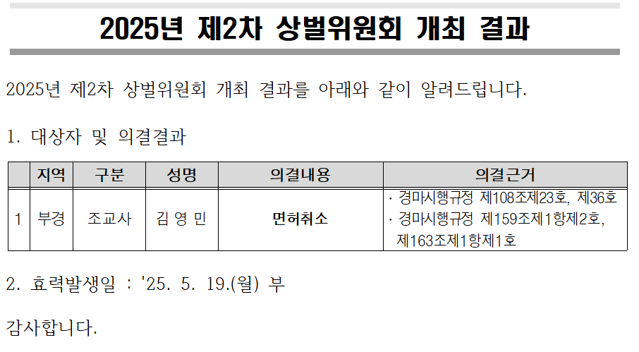 "2025년 제2차 상벌위원회 개최 결과 공지"
